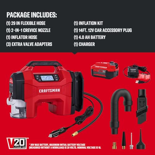 CRAFTSMAN 3-in-1 Tire Inflator Portable Air Compressor 160 PSI with Battery