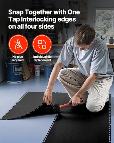 VEVOR Garage Floor Tiles 20.2 x 20.2 x 0.2 inch, Interlocking Ease of Installation Diamond Plate Slip-Resistant Texture Non-Slip Sturdiness, for Garages, Warehouse, Tool Room, Black, 16 Pack