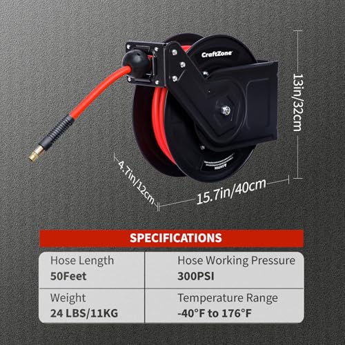 CRAFTZONE Retractable Air Hose Reel 50 FT | 300 PSI Air Compressor Hose Reel | 3/8 Hybrid Polymer Hose | Heavy-Duty Steel Wall Mount Swivel Bracket|Auto Rewind | All-Weather Retractable Air Hose - Red