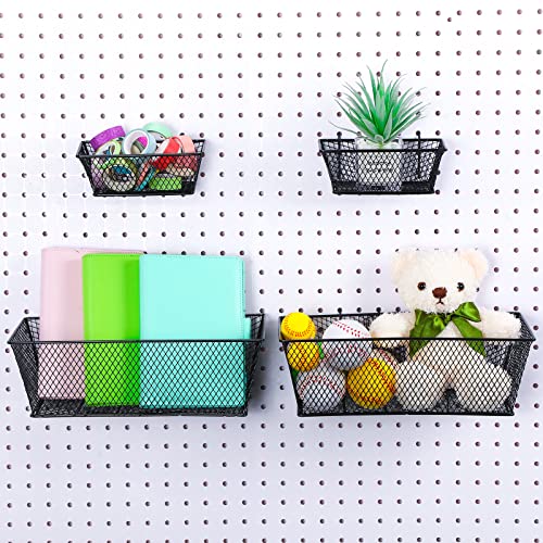 Sieral 4 Pcs Black Pegboard Baskets Metal Wire Shelf Baskets Peg Board Organizer Accessories Wall Mount Organizer Attachments for Garage Workbench Various Tool Accessories, 2 Sizes (Small, Large)