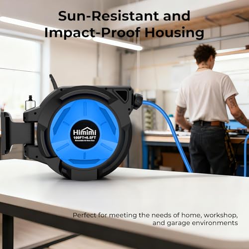 Retractable Air Hose Reel, 3/8" x 100 Ft Hybrid Hose Air Compressor Hose Reel with 6.5 Ft Lead-in Max 300 PSI, Air Hose with Any Length Lock, Automatic Rewind, 180° Swivel Bracket, Quick Coupler