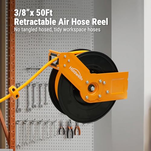 Holdwell S Retractable Air Hose Reel, 3/8" x 50FT Hybrid Air Hose, 300PSI Max, Auto-Rewind & Length-Lock, 1/4" NPT Fitting, Ceiling/Wall Mount Heavy Duty Single Arm Steel Reel for Workshop/Garage