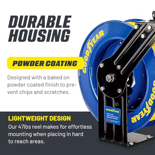 Goodyear Air Hose Reel Retractable 3/8" Inch x 50' Foot SBR Rubber Hose Max 300PSI Heavy Duty Industrial Steel Single Arm Construction