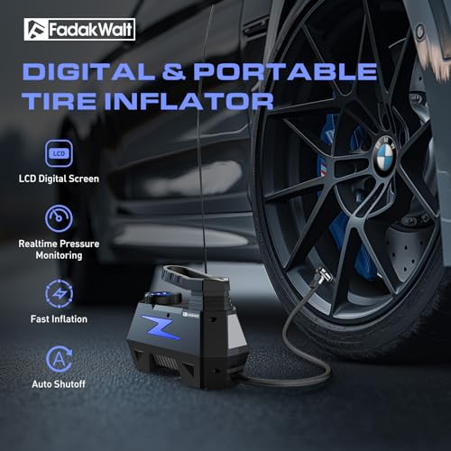FADAKWALT Tire Inflator Portable Air Compressor, 12V DC Car Air Pump with Auto Shutoff, 150 PSI Digital Gauge, LED Light, Metal Valve Connector, Accessories for Cars, Blue