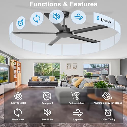 Ohniyou 60'' Industrial Ceiling Fan No Light for Patio, Porch, Black