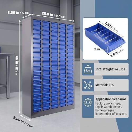 Customizable 100 Drawer Storage Cabinet, 21"x8.66"x24.8" ABS Steel Small Parts Organizer, Adjustable Hardware Bin with Partition Plates & Labels for Screws Nails Fasteners Garage