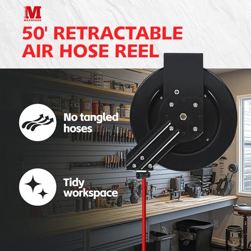 MaxWorks 50 Foot Auto Rewind Retractable Air Hose Reel with 3/8" Rubber Hose 250 PSI Heavy Duty Steel Spring Multi Position Ratchet and Solid Brass Fittings for Garage and Workshop (80720)