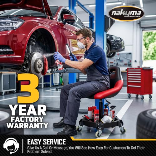 Nakyma Rolling Shop Stool with Wheels, 330 LBS Capacity Garage Stool Mechanic Stool Seat with Backrest and Tool Tray Storage, Pneumatic Work Chair Adjustable Height Mechanic Chair for Workshop, Red