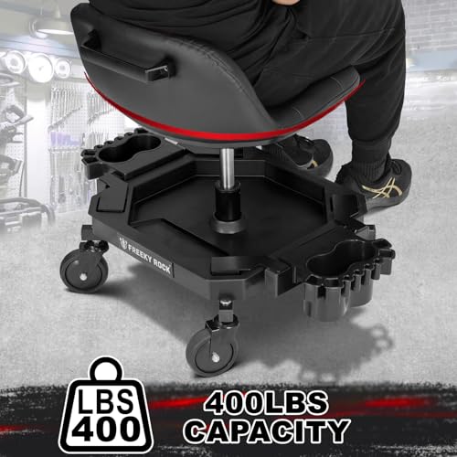 FREEKYROCK Rolling Stool with Wheels, Adjustable Height Pneumatic Garage Work Mechanic Stool Seat with Backrest, 400 LBS Capacity 360° Swivel Mechanic Crepper Chair with Tool Tray Storage, Black