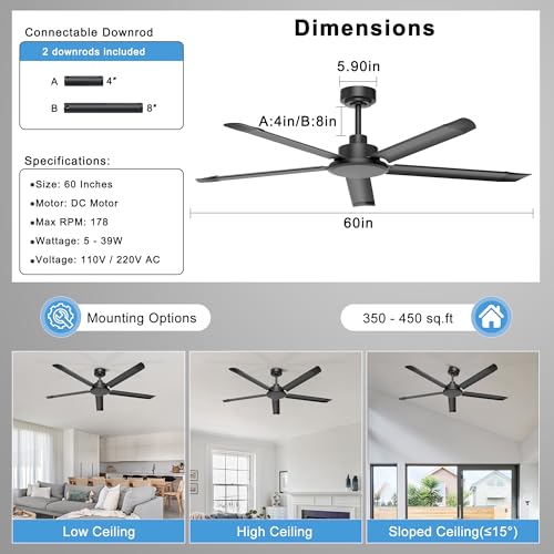 Ohniyou 60'' Industrial Ceiling Fan No Light for Patio, Porch, Black