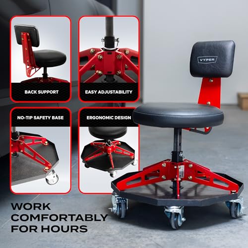 Vyper Robust Steel Sport Shop Chair for Mechanics, Black Seat, Red Frame