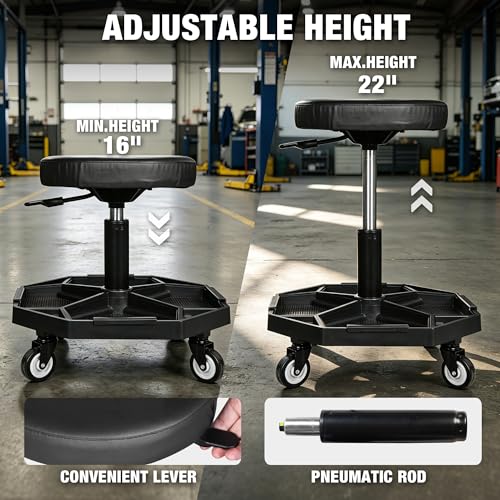 YELLOW JACKET Rolling Garage Seat with Wheels Adjustable Height Pneumatic Mechanic Stool 300Lbs Heavy Duty Shop Creeper Seat with 4 Removable Storage Tool Tray Workshop Chair for Auto Repair