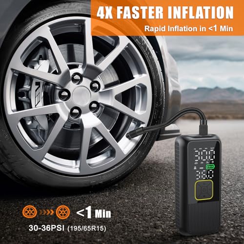 Pwperry Tire Inflator Portable Air Compressor, 4X Faster 150PSI Smart Air Pump for Car Tires with Digital Pressure Gauge, Portable Fast Tire Inflator for Car, Bike, Motorcycle, Balls