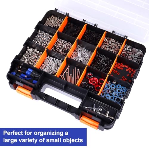 AllinRC Small Parts Organizer Double Sided Parts Organizer with Removable Dividers 34-Compartments Storage Bins for Hardware, Screws, Nuts, Bolts, Washers, Nails, Fasteners, Tools