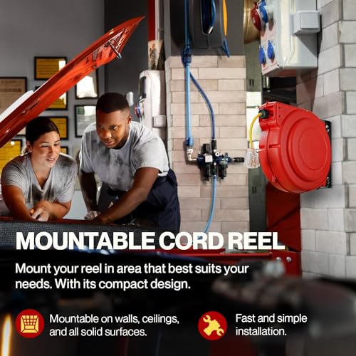ReelWorks Extension Cord Reel Retractable Longest Industrial 12awg x 80' Foot Commercial Premium Grade Ultra Flexible 3C/SJTOW Glow Strip Cable and Led Light Up Triple Tap Connector Use Indoor/Outdoor