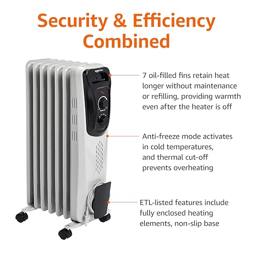 Amazon Basics Portable Oil Radiator Heater, Indoor Use, 3 Heat Settings, Over-Heat Protection, ETL-certified Safety, 7 Oil-Filled Steel Fins, 1500W, Tip-Over Protection, 11"D x 14.8"W x 25.2"H, White