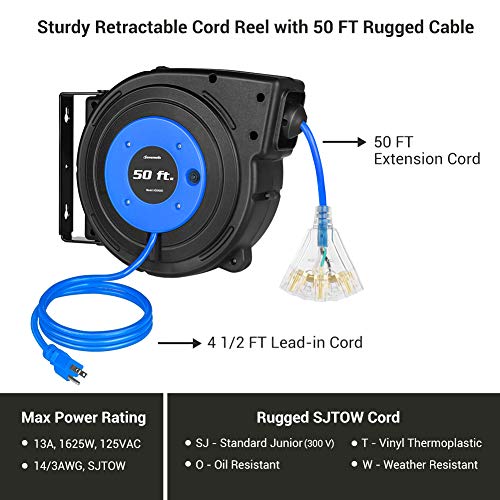 DEWENWILS 50FT Retractable Electric Cord Reel, 13A Circuit Breaker, Blue