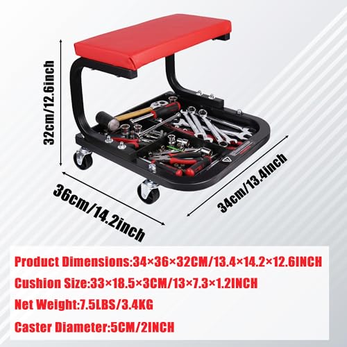 QCUNMAG Rolling Creeper Garage/Shop Seat, Padded Rolling Workshop Stool with Tool Tray Storage, Mechanic Stool for Garage, Shop, Auto Repair, 250 LBS Capacity, Red