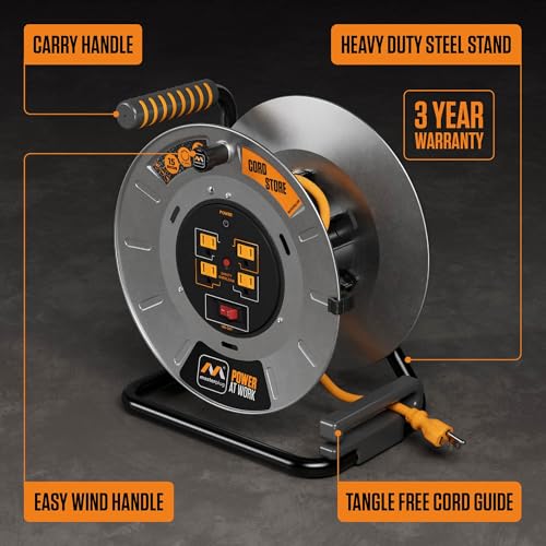 Masterplug 1ft Cord Reel, Metal Cable Drum, Retractable Extension Lead with Winding Handle, Safety Overload Circuit Breaker and Power Switch, 4x Grounded Outlets, 15amps, 12AWG Cable