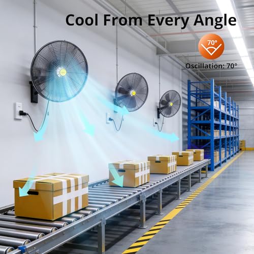 VAGKRI Wall Fan, 20 Inch High Velocity Metal Oscillating Wall Fan, 3 Speeds, 5300CFM Industrial Wall mounted Fan for Home Office Patio Garage Factory Greenhouse Warehouse Farm