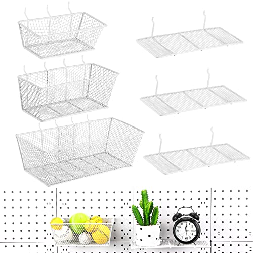 Sieral 6 Pieces Pegboard Baskets Wall Mount Wire Peg Board Baskets 3 Sizes Pegboard Accessories Slatwall Bins Basket Home Garage Hanging Organizer for Tools and Craft(White)
