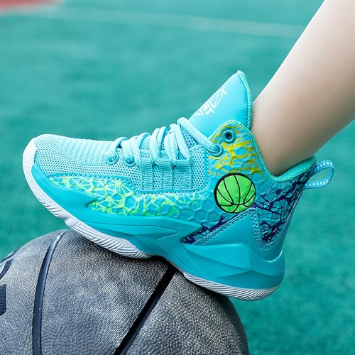 Kids Basketball Shoes High-top Sports Shoes Boys Sneakers Durable Lace-up Non-Slip Running Shoes Secure for Little Kids Big Kids Sky Blue