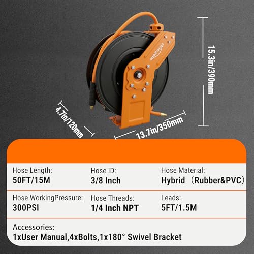 Holdwell S Retractable Air Hose Reel, 3/8" x 50FT Hybrid Air Hose, 300PSI Max, Auto-Rewind & Length-Lock, 1/4" NPT Fitting, Ceiling/Wall Mount Heavy Duty Single Arm Steel Reel for Workshop/Garage