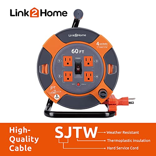 Link2Home Cord Reel 60 ft. Extension Cord 4 Power Outlets – 14 AWG SJTW Cable. Heavy Duty High Visibility Power Cord.