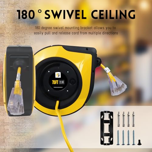 EP Retractable Extension Cord Reel,75 Feet 14 AWG/3C SJTOW Heavy Duty Power Cord,10 AMP Circuit Breaker, 3-Lighted Triple Outlets,Ceiling or Wall Mount Use Indoor, Yellow
