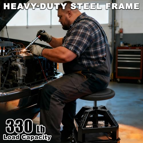 Rolling Shop Stool with Wheels, Heavy Duty Garage Work Mechanic Stool with Backrest, Adjustable Height 22.44"-28.94", 360°Swivel Rolling Chair with Tool Tray Storage, 330 LBS Capacity, Black