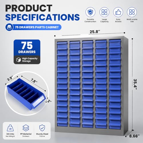 Small Parts Storage Cabinet, 75 Drawer Steel Bolt Nut Hardware Organizer with Dividers & Labels, Heavy Duty Garage Tool Storage Rack for Workshop Screw Fastener Organization