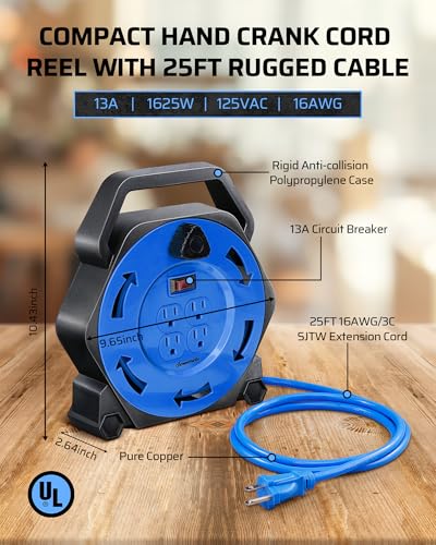 DEWENWILS 25FT Extension Cord Reel, Hand Wind Retractable Cord Reel