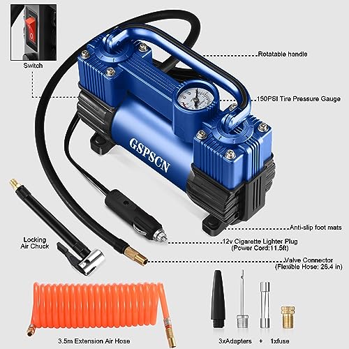 GSPSCN 12V Heavy Duty Tire Inflator Metal Portable Air Compressor Pump
