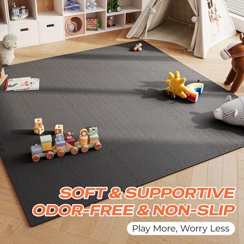 SUPERJARE Gym Floor Mats, EVA Foam Puzzle Exercise Mats, Interlocking Floor Mats, Cushioned Foam Floor Tiles, Gym Flooring Workout Mat for Home Gym, Playroom, Garage, 18 PCS, 12.6"x12.6"x0.4", Black