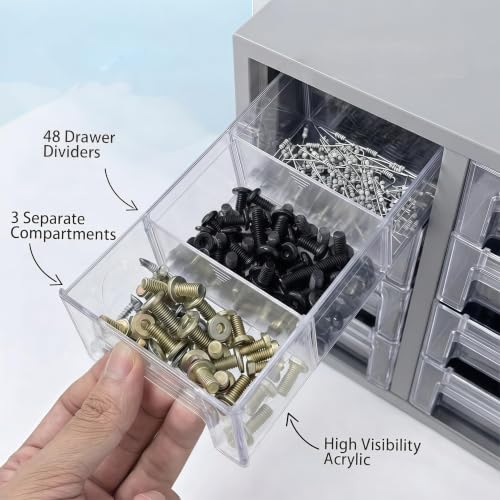 Nut and Bolt Organizer with 24 Clear Drawers, Heavy Duty Metal Hardware Organizer Cabinet, 48 Adjustable Dividers for Screws, Fasteners, Washers & Small Parts, Stackable Wall Mount Storage Cabinet