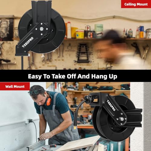 Retractable Air Hose Reel, 3/8 IN x 50 FT Hybrid Air Hose Max 300 PSI, Air compressor hose reel with 5 ft Lead in, Ceiling/Wall Mounted air hose reel,Heavy Duty air tool