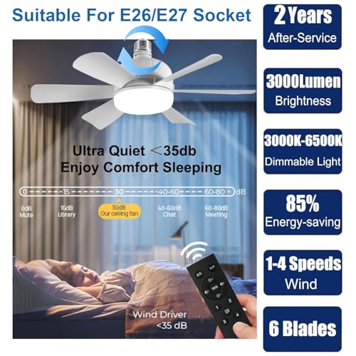 2Pack Socket Fan Light, LED Socket Ceiling Fans with Lights and Remote, 18 Inch Low Profile Screw in Ceiling Fan Light, Dimmable 3000-6500K Fan Light Bulb for Bedroom, Kitchen, Laundry Room, Garage