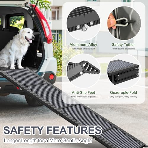 HerCcreta wigge Dog Ramp for Car 63" Long & 17" Wide Portable Dog Ramps for Large Dogs with Non-Slip Rug Surface Dog Car Ramp for SUV Car & Truck, Folding Dog Ramp Up to 250LBS