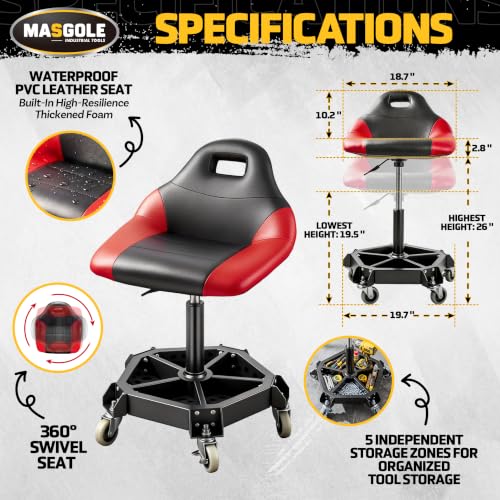 Masgole Rolling Shop Stool with Wheels, 330LBS Capacity Garage Mechanic Stool Seat with Backrest and Tool Tray Storage for Workshop, Pneumatic Adjustable Height Heavy Duty Garage Chair for Work, Red