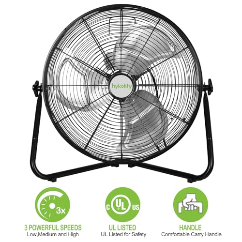 hykolity 20" High Velocity Floor Fan, 3-Speed 4650 CFM Heavy Duty Industrial Metal Shop Fan with Wall-Mounting System, Ideal for Commercial, Garage, Greenhouse and Gym