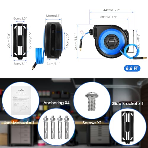 Himimi 50FT + 6.6FT Retractable Air Hose Reel, Ceiling/Wall Mount Penumatic Hose Reel for Garage Workshop, Auto Rewind, 3/8" x 50' Hybrid Air Hose Reel with Brass Fittings + Bend Restrictors, 300PSI