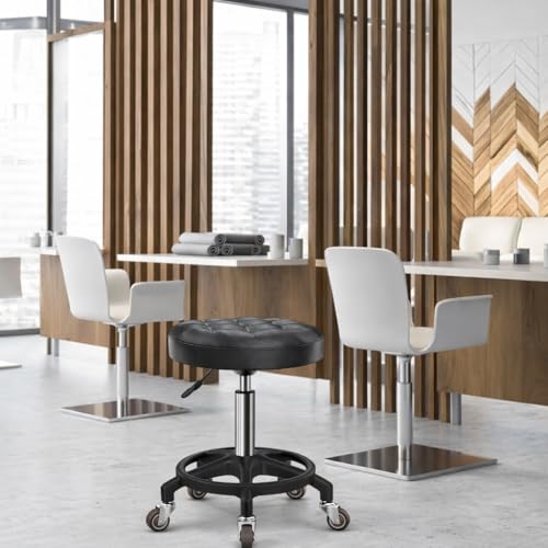 KinShare Upgraded Height Adjustable Rolling Stool with 360° Smooth Rubber Wheels – Heavy-Duty 450lbs, PU Seat & Anti-Tip Base | Ideal for Home, Office, Salon, Workshop, Black & Silver
