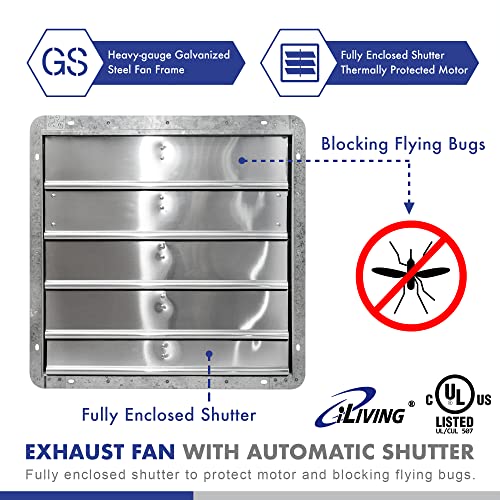 iLIVING 20" Wall Mounted Shutter Exhaust Fan, Automatic Shutter, with Thermostat and Variable Speed controller, 2.2A, 3368 CFM, 5000 SQF Coverage Area Silver (ILG8SF20V-ST)