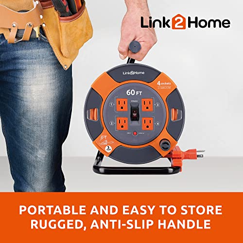 Link2Home Cord Reel 60 ft. Extension Cord 4 Power Outlets – 14 AWG SJTW Cable. Heavy Duty High Visibility Power Cord.
