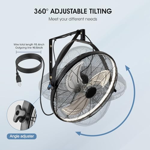 AHAWILL 20 Inch Wall Mount Fan with Lights,6-Speed High Velocity Wall Fan Dimmable Gazebo Fan,360°Adjustable Tilt Industrial Outdoor Fans for Patio,Garage,Workshop,Commercial,Black
