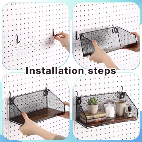 Ferrochef 3 Pack Pegboard Shelves with Hooks, Wall Mounted Grid Shelves, Pegboard Organizer Bins with Wooden Base, Heavy Duty Peg Board Storage Accessories for Kitchen, Bathroom, Garage, Office(Black)