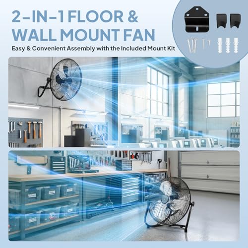 ROVSUN 16inch Heavy Duty Floor & Wall Mount Fan, 2-in-1 High Velocity Industrial Metal Fan with 3-Speed, Adjustable Tilt & Wall-Mounting System, Ideal Cooling for Gym, Workshop, Garage and Warehouse