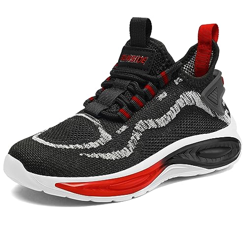 RUNSIDE Boys Girls Sneakers for Outdoor, Size 6 Big, Black/Red