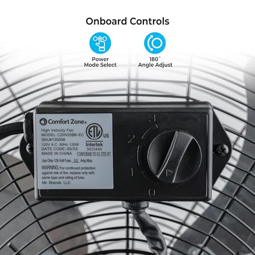 Comfort Zone 20-Inch High-Velocity Industrial Floor Fan, Heavy-Duty 3-Speed Metal Shop Fan with 180° Adjustable Tilt & Carry Handle, Quiet Vibration-Free Cooling for Garage, Workshop, & Home