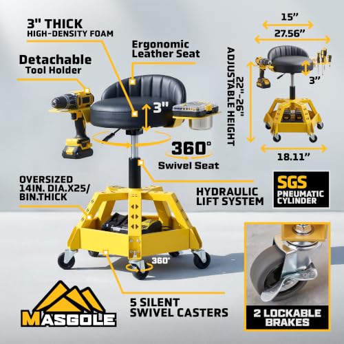 Rolling Shop Stool with Wheels for Garage, Height Adjustable Mechanic Stool Seat with Backrest and Tool Tray Storage for Workshop, Heavy Duty 330 LBS Capacity Padded Work Garage Chair, 360° Swivel